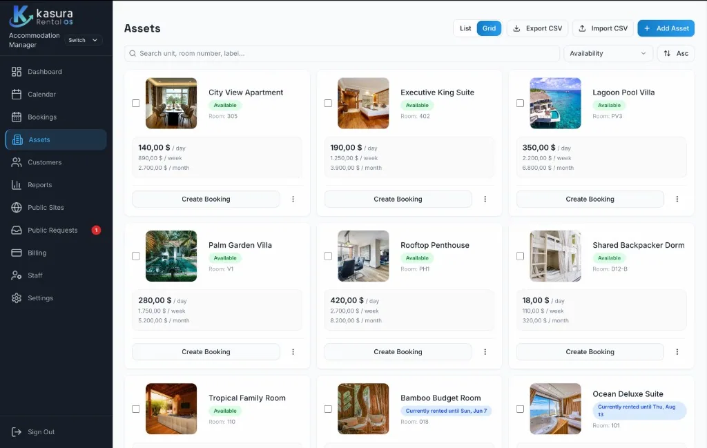 Kasura assets grid with apartments, suites and villas