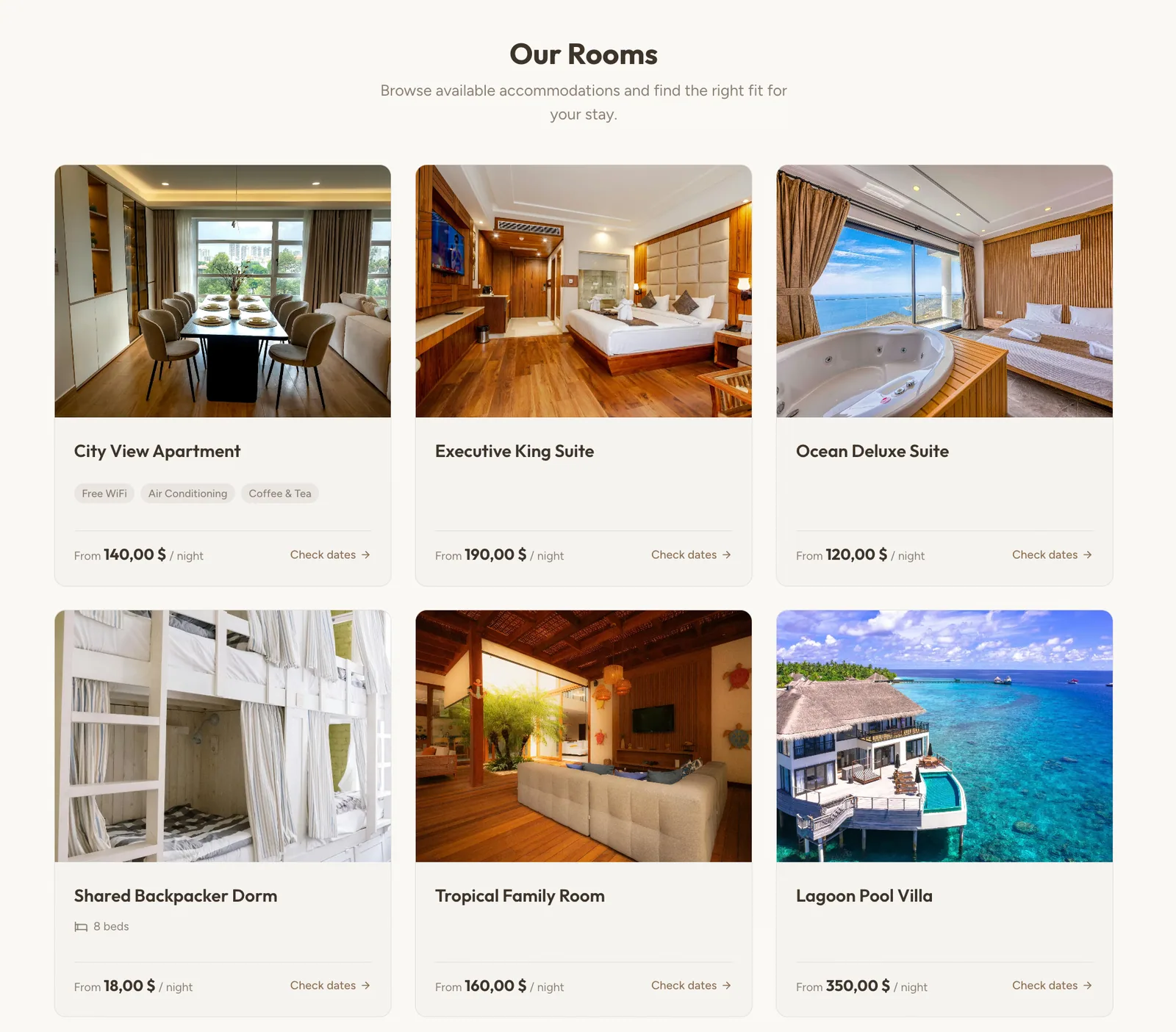 Public accommodation website with room selection and availability