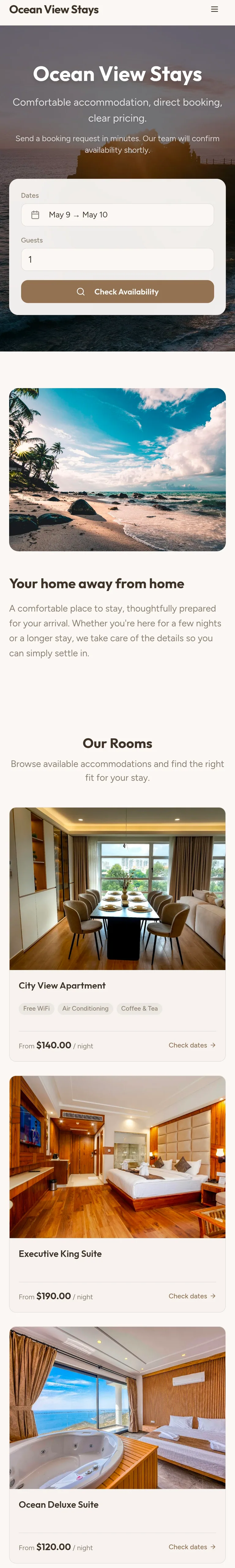 Mobile accommodation booking page with availability selection
