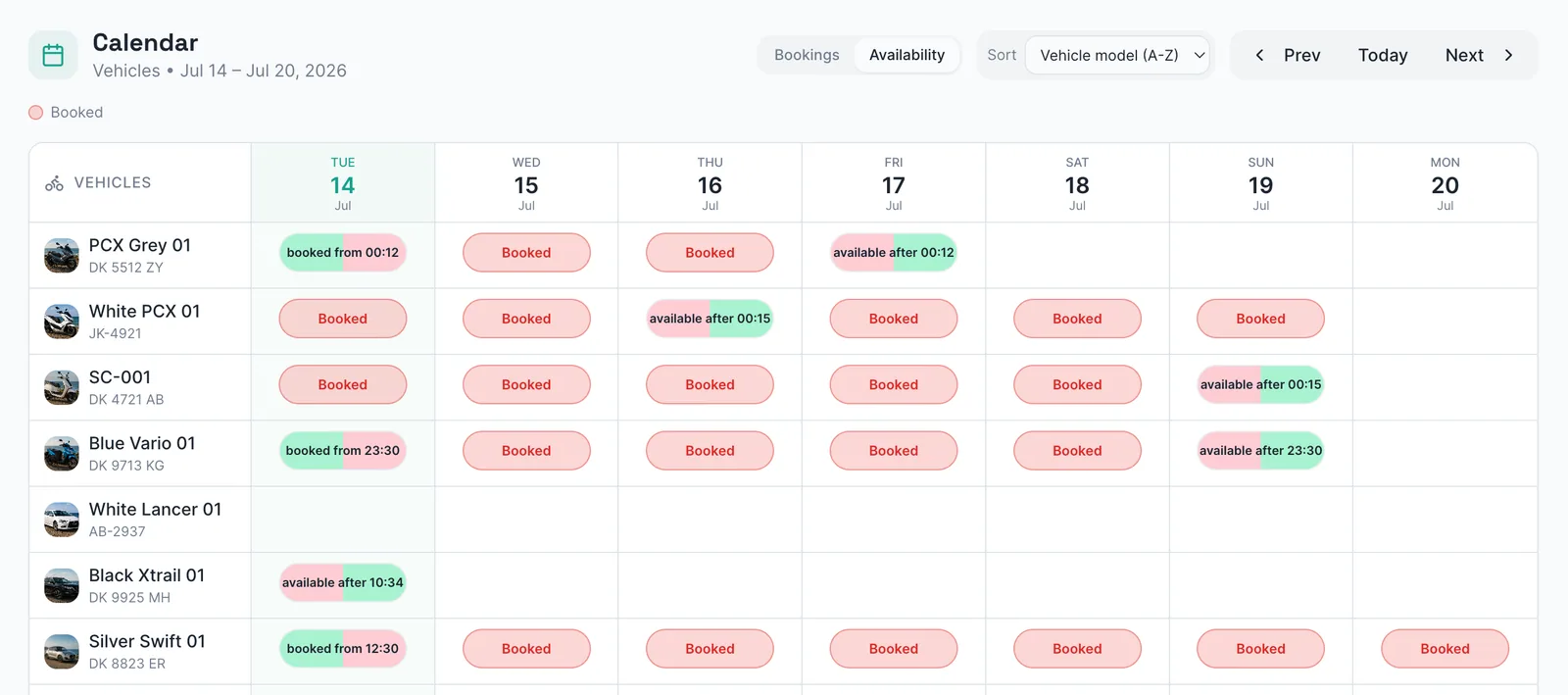 Kasura availability calendar view