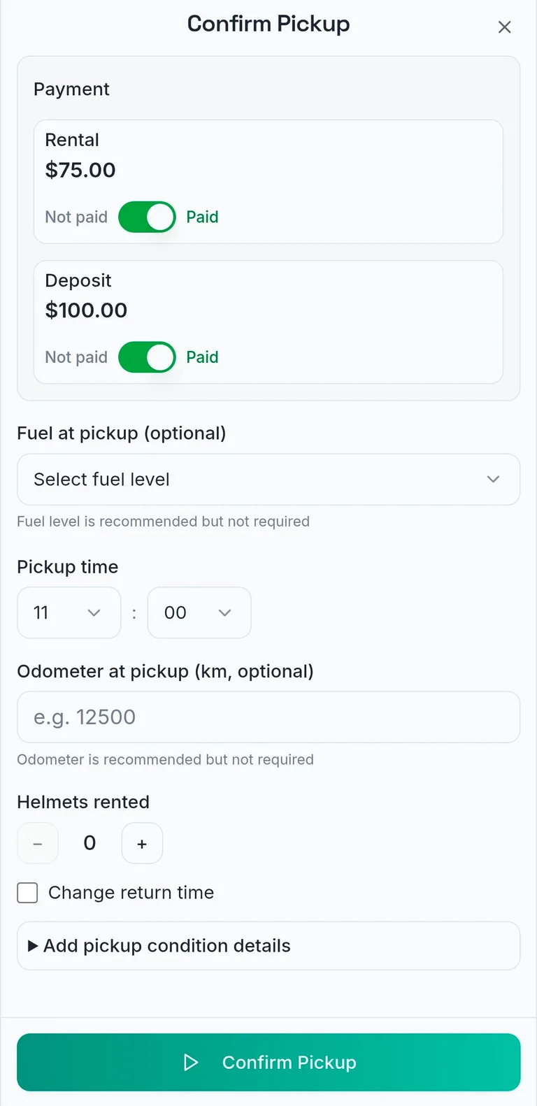 Kasura pickup workflow with payment tracking, fuel, odometer and condition details