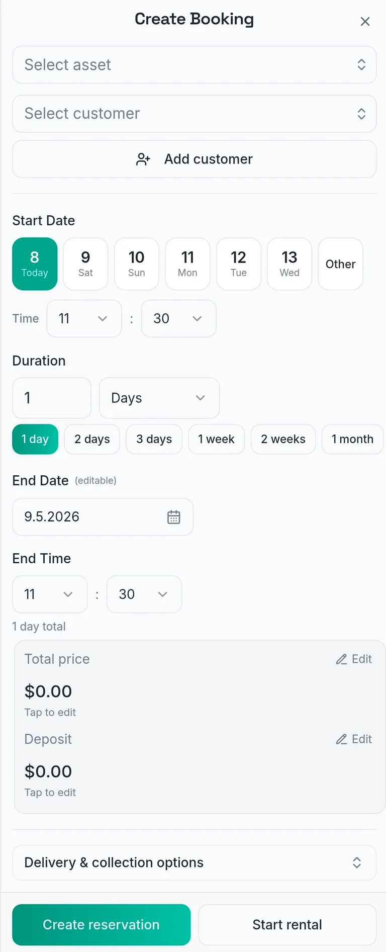 Kasura mobile screen for creating a new booking