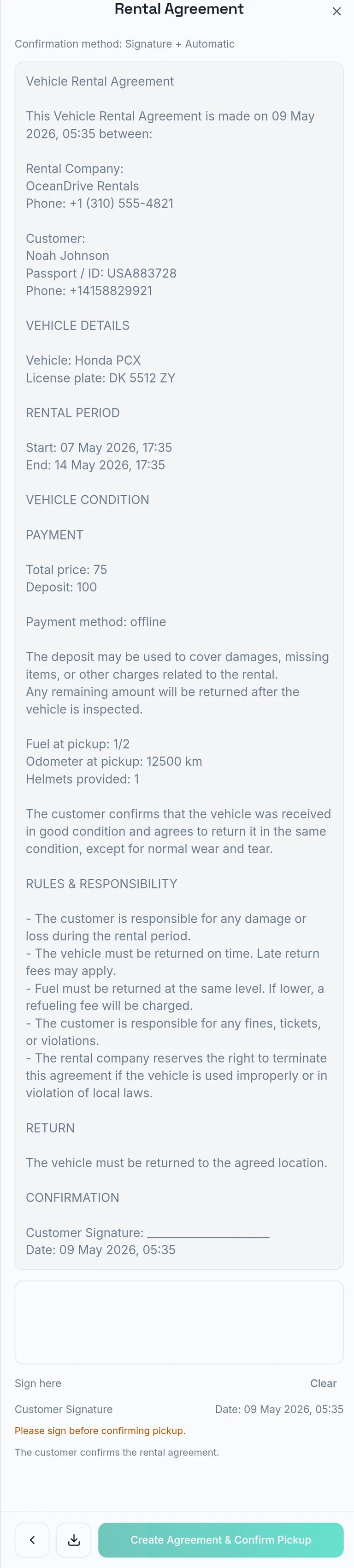 Kasura rental agreement preview with auto-filled booking data and customer signature on phone