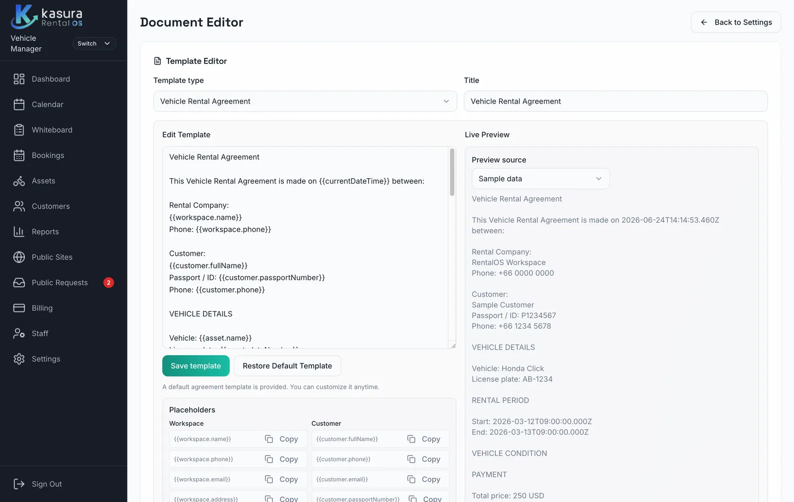 Kasura document editor with rental agreement template and live preview