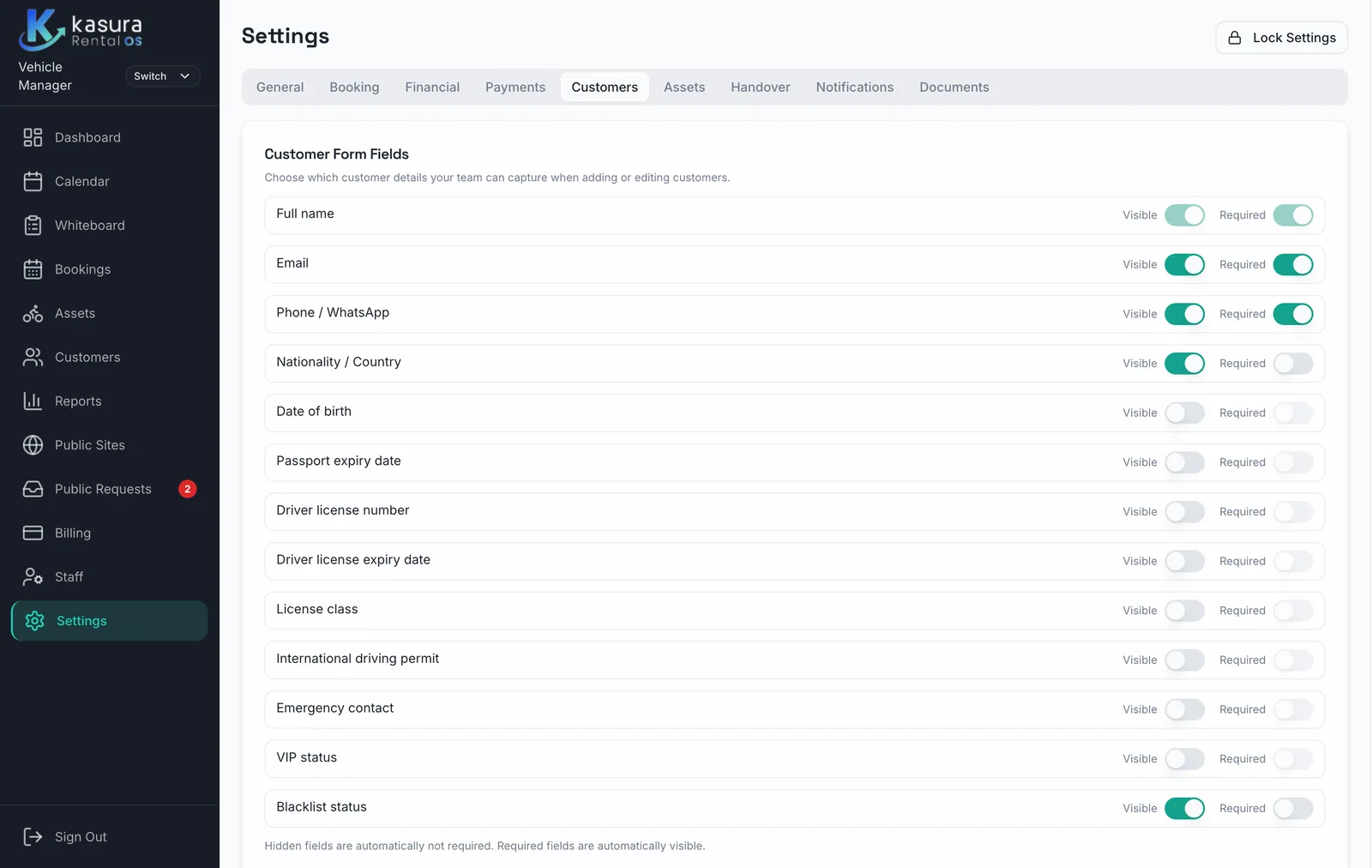 Kasura settings to toggle customer fields visible and required
