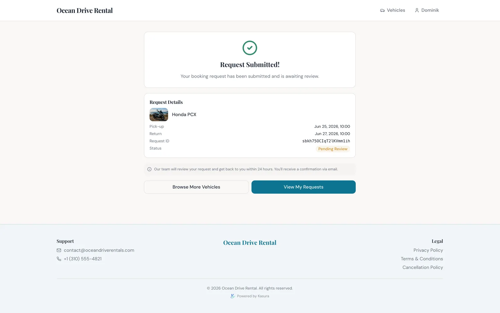 Customer booking request submitted confirmation on the public website