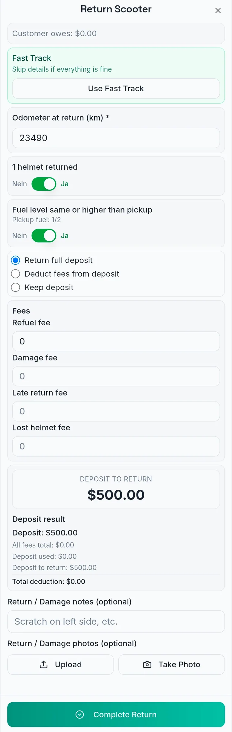 Kasura detailed return flow with fee inputs, damage notes and deposit calculation
