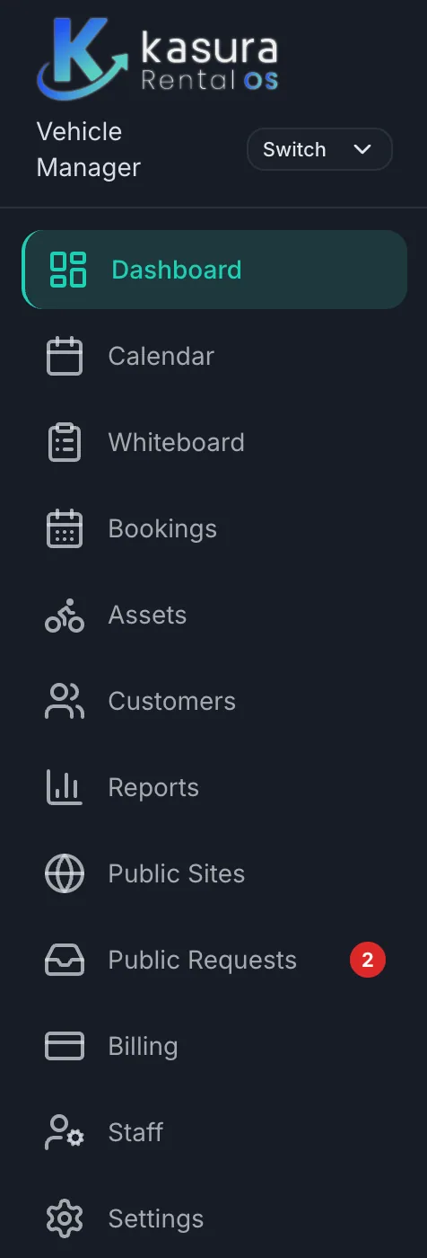 Kasura Rental OS navigation with multiple workspaces in one account