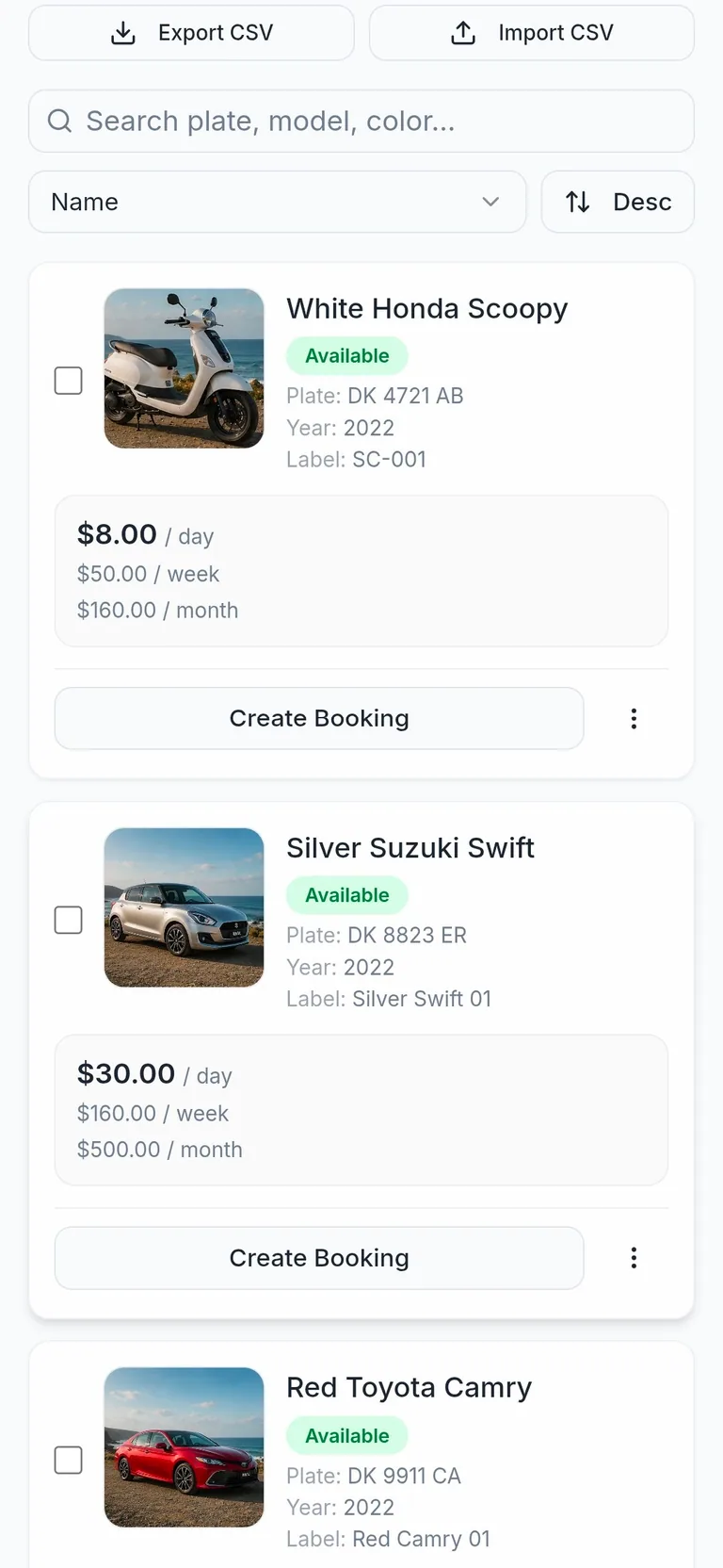 Kasura mobile vehicle assets view with live availability