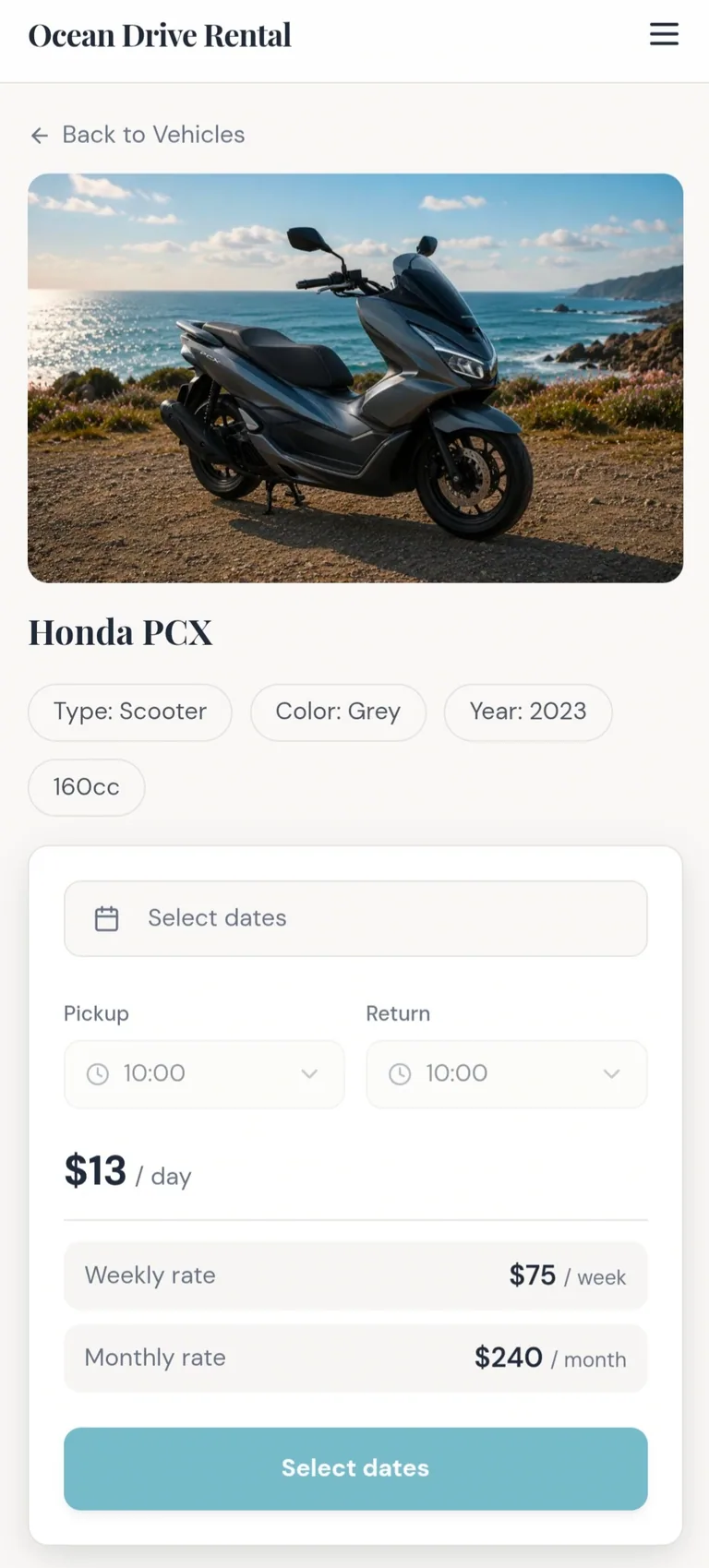 Mobile vehicle booking page for customers with date requests