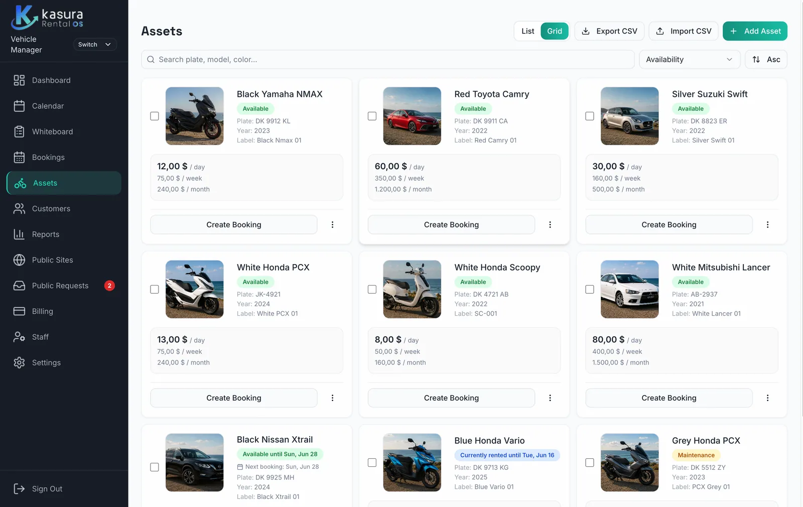 Kasura assets grid with scooters, motorbikes and cars
