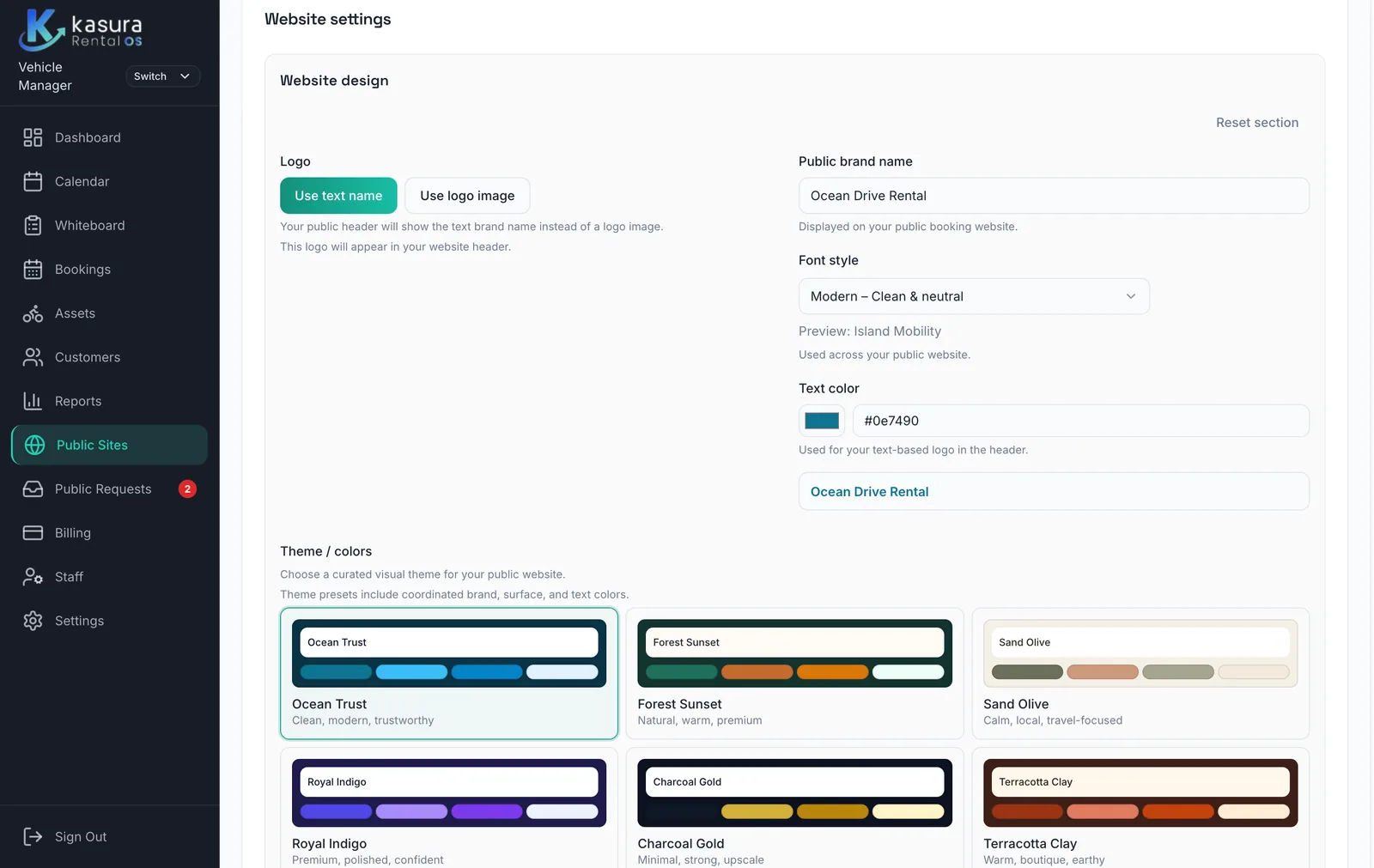 Kasura website design settings with brand themes and colors